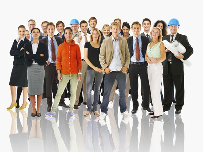 Big group of isolated small people in a line